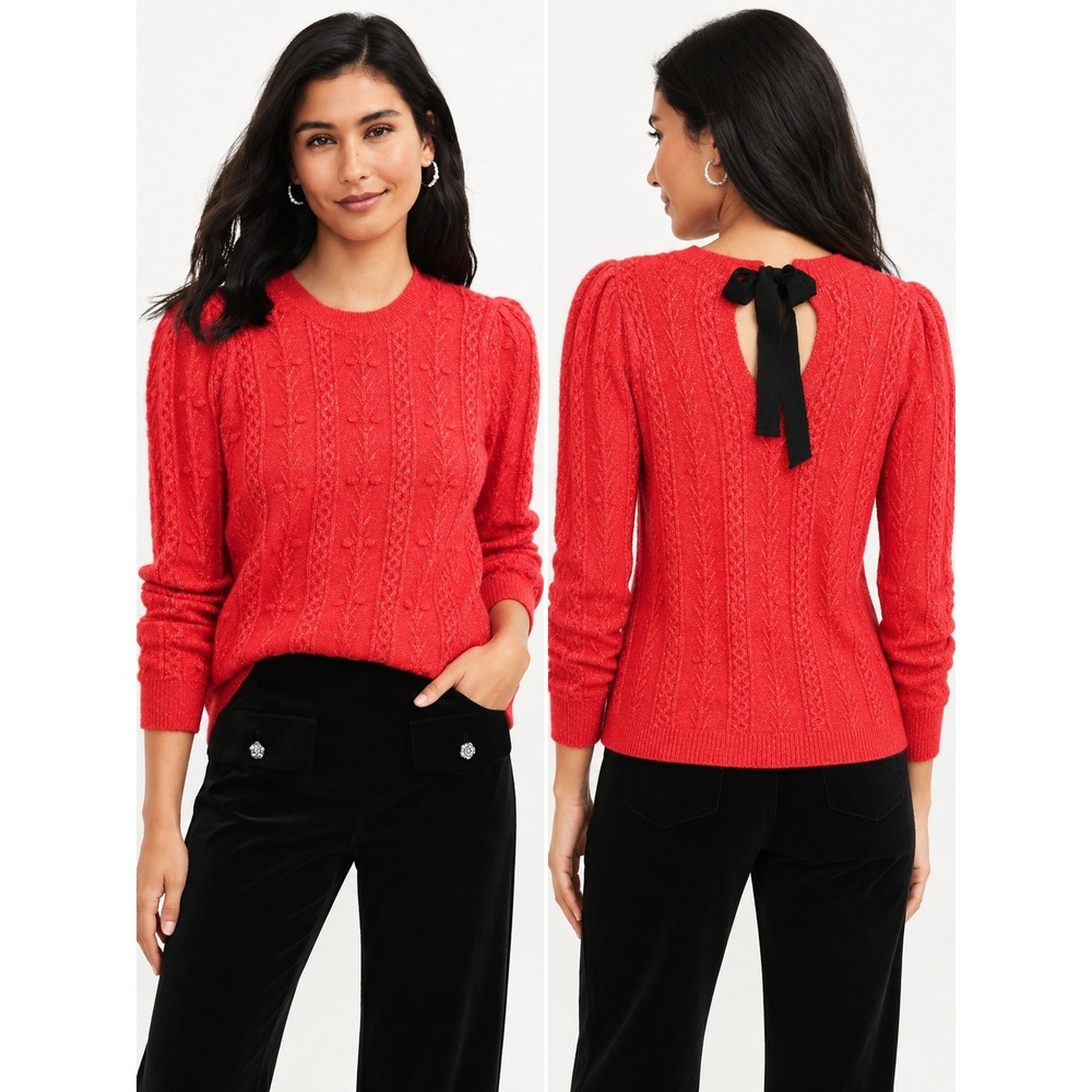 LOFT Cable Knit Tie Back Preppy Festive Feminine Red Holiday Sweater S